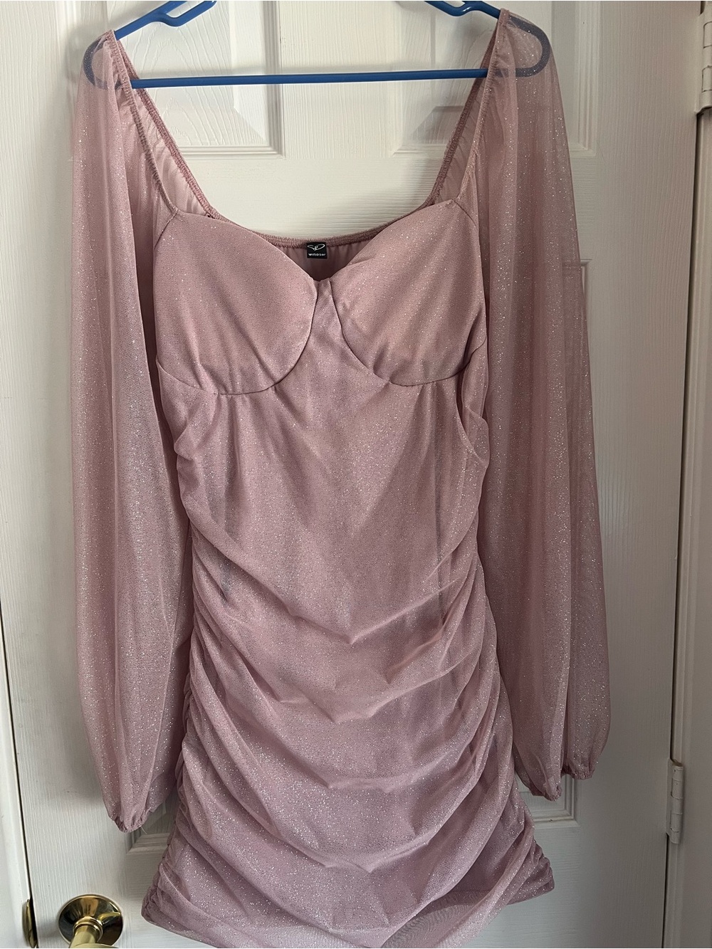 Windsor Sparkle Blush Pink Ruched Long-Sleeve Mini Dress